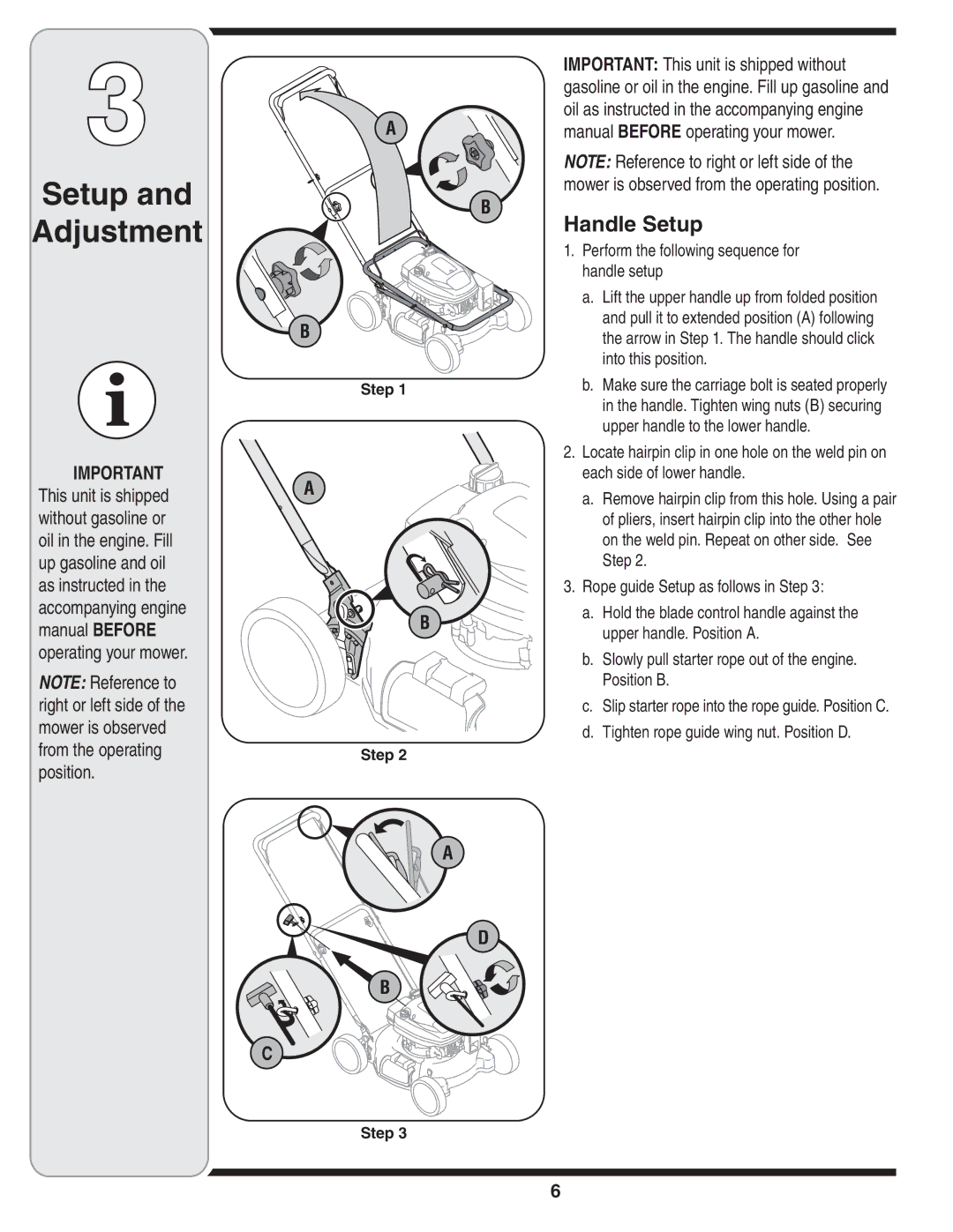 Tecumseh 105 warranty Setup Adjustment, Handle Setup 