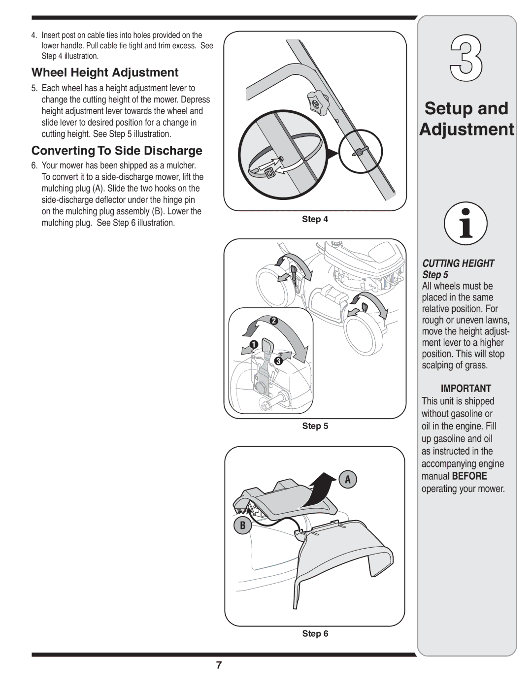 Tecumseh 105 warranty Wheel Height Adjustment, Converting To Side Discharge 