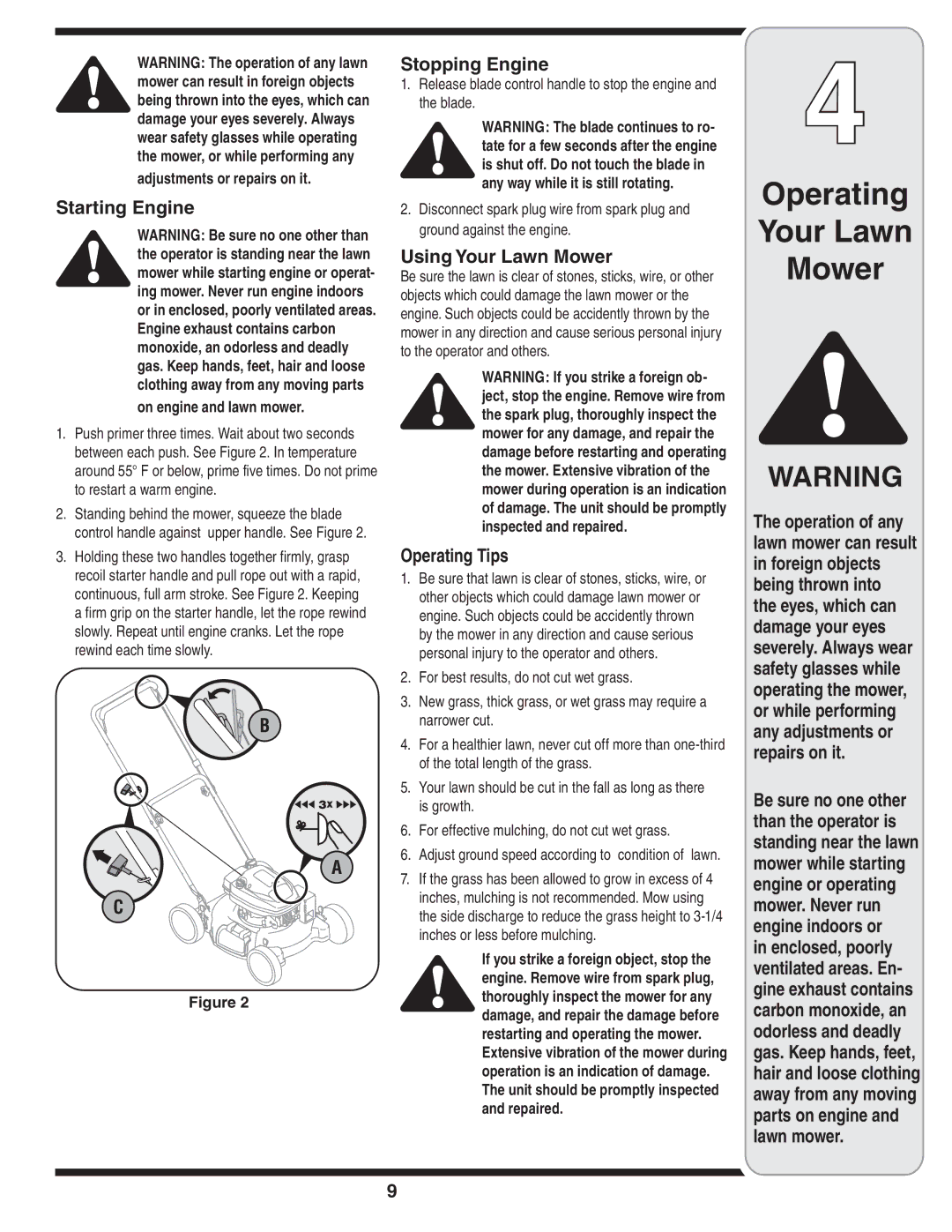 Tecumseh 105 warranty Starting Engine, Stopping Engine, Using Your Lawn Mower, Operating Tips 