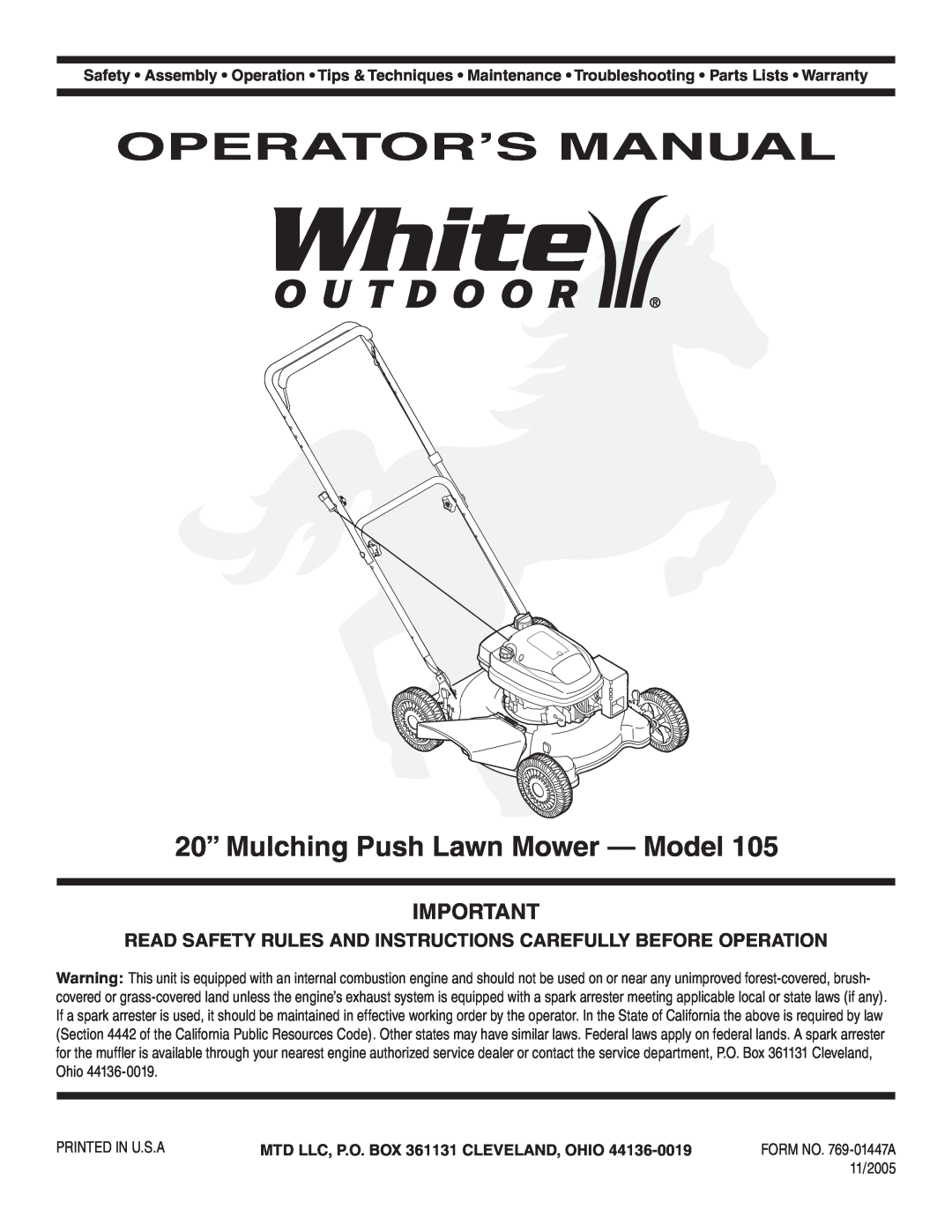 Tecumseh 105 warranty Operator’S Manual, 20” Mulching Push Lawn Mower - Model, MTD LLC, P.O. BOX 361131 CLEVELAND, OHIO 