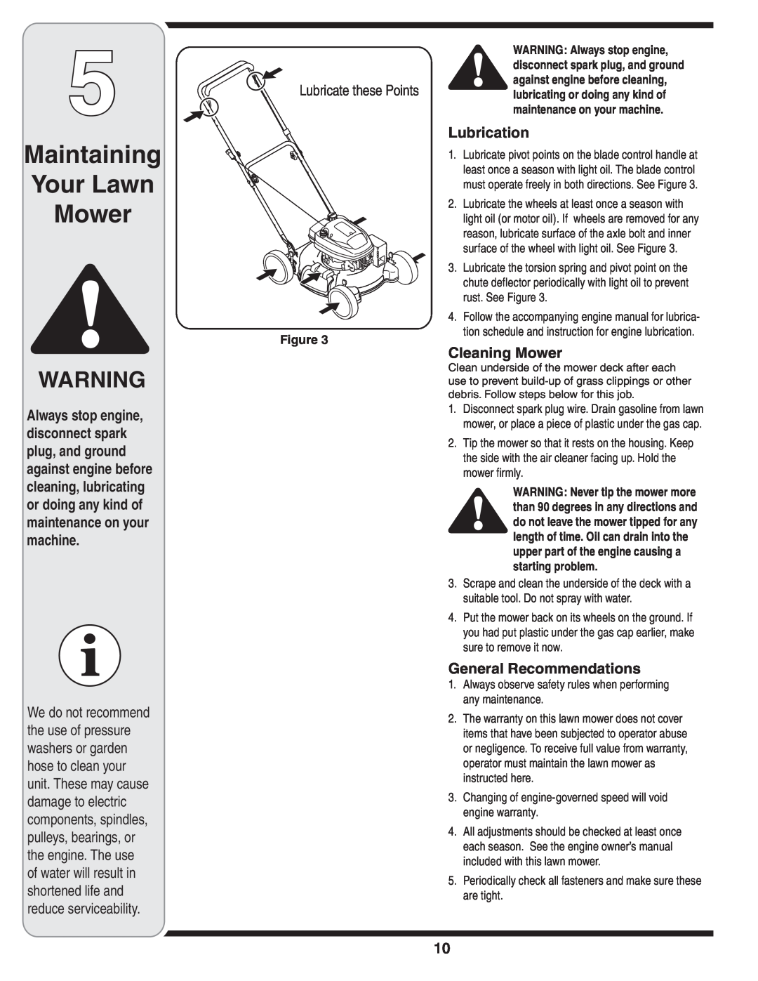 Tecumseh 105 Maintaining Your Lawn Mower, Lubrication, Cleaning Mower, General Recommendations, Lubricate these Points 