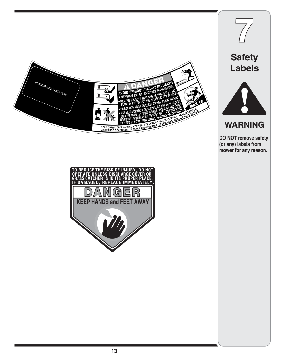 Tecumseh 105 warranty Safety Labels, DO NOT remove safety or any labels from mower for any reason 