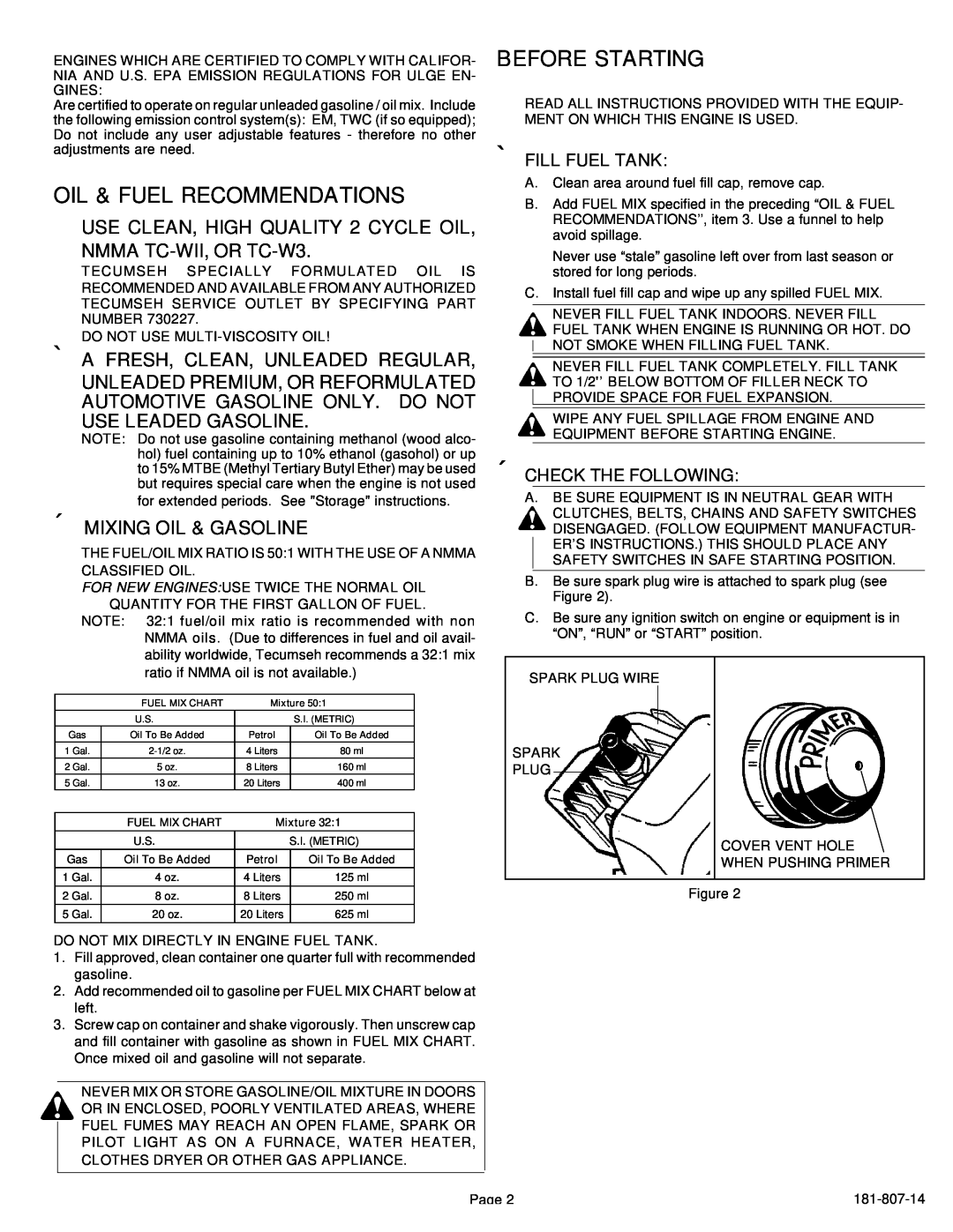 Tecumseh HSK845 Oil & Fuel Recommendations, Before Starting, À USE CLEAN, HIGH QUALITY 2 CYCLE OIL NMMA TC-WII, OR TC-W3 