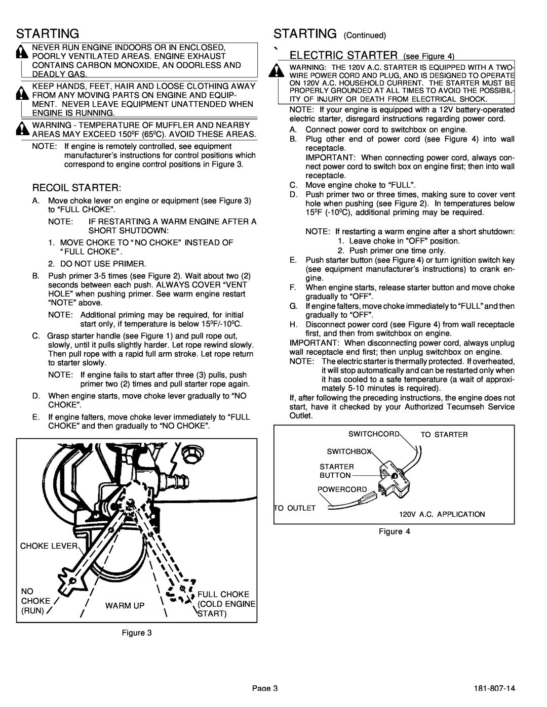 Tecumseh 600, 850, HSK845 important safety instructions Starting, Á ELECTRIC STARTER see Figure, À Recoil Starter 