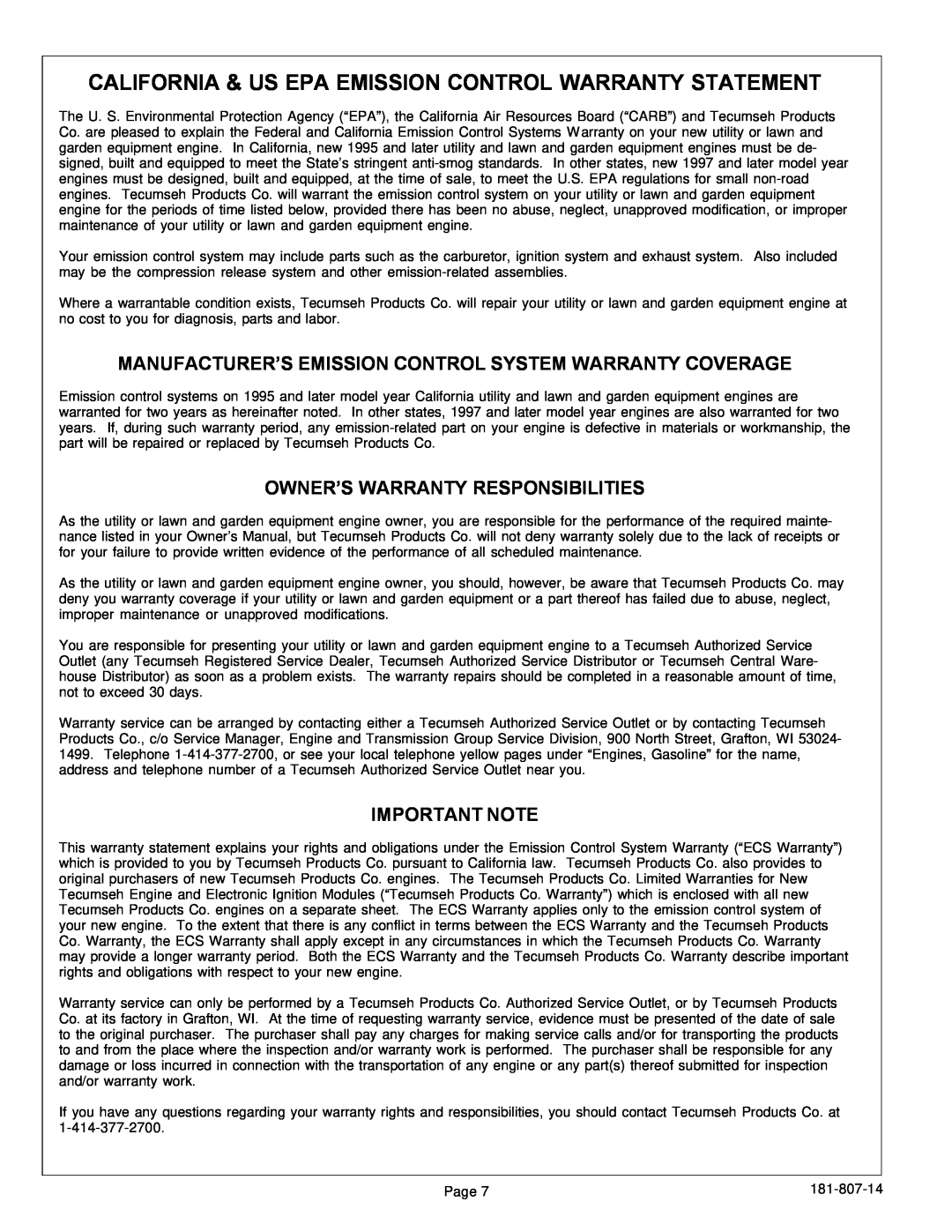 Tecumseh 850 California & Us Epa Emission Control Warranty Statement, Owner’S Warranty Responsibilities, Important Note 