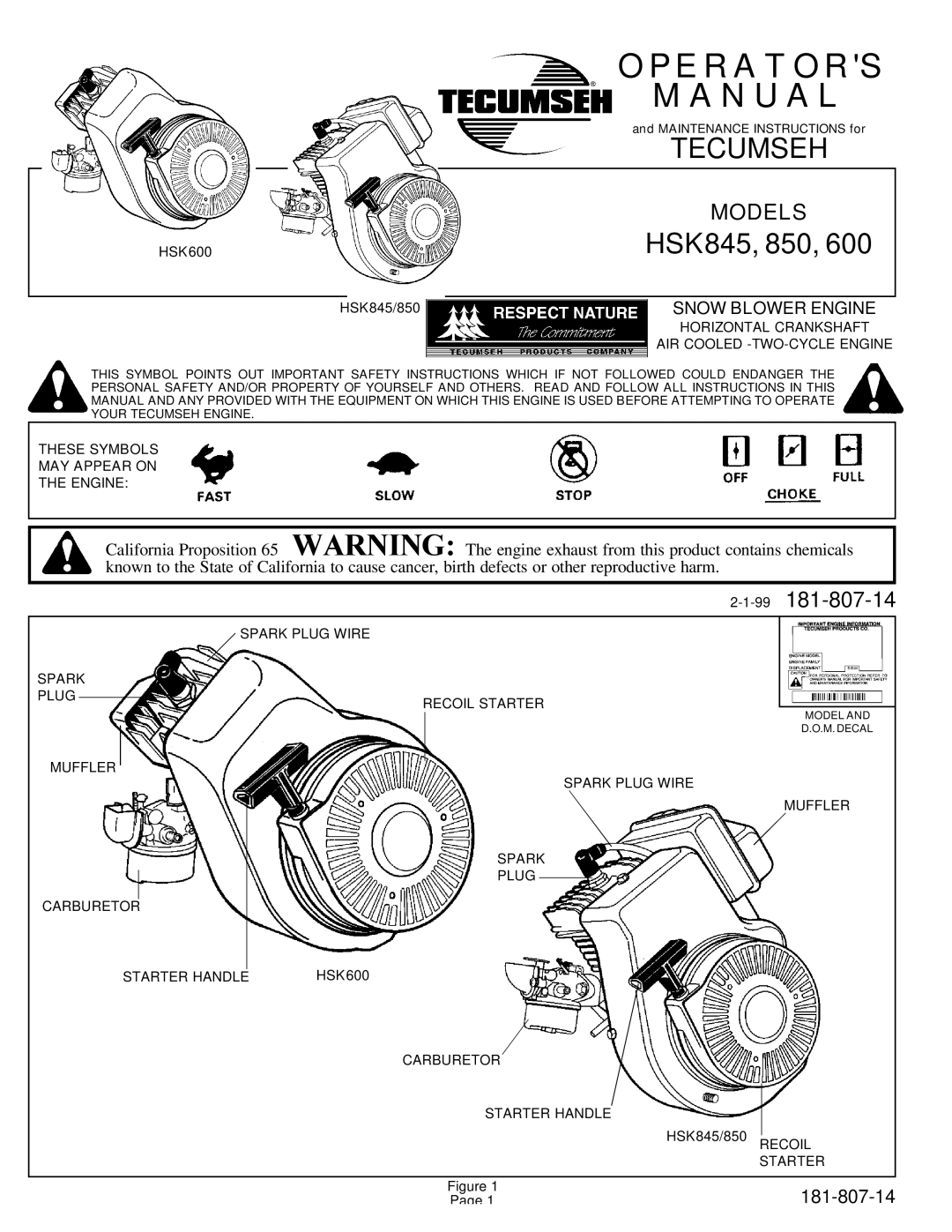 Tecumseh 850, 600, HSK845 important safety instructions 99181-807-14 