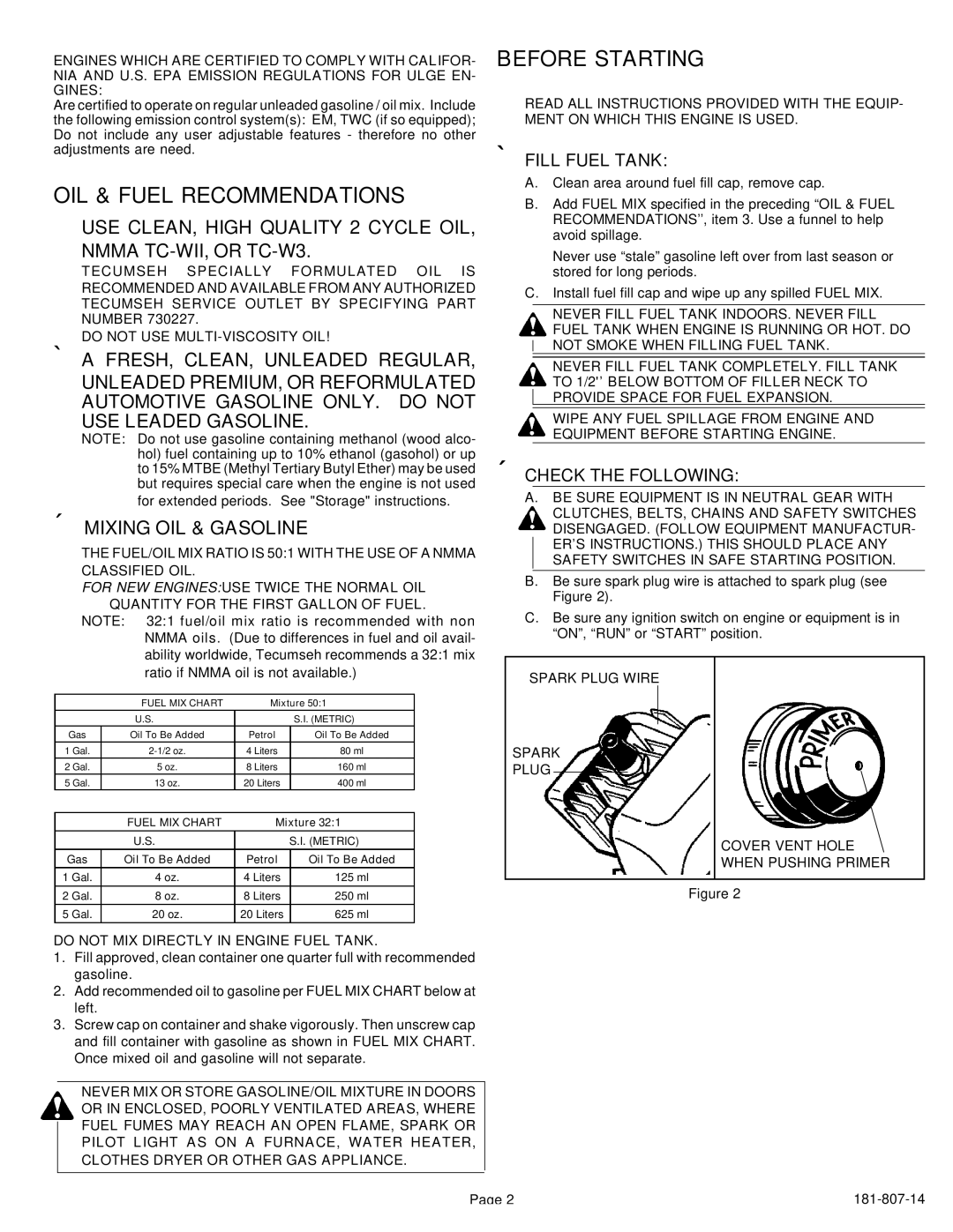 Tecumseh HSK845, 600, 850 important safety instructions OIL & Fuel Recommendations, Before Starting 