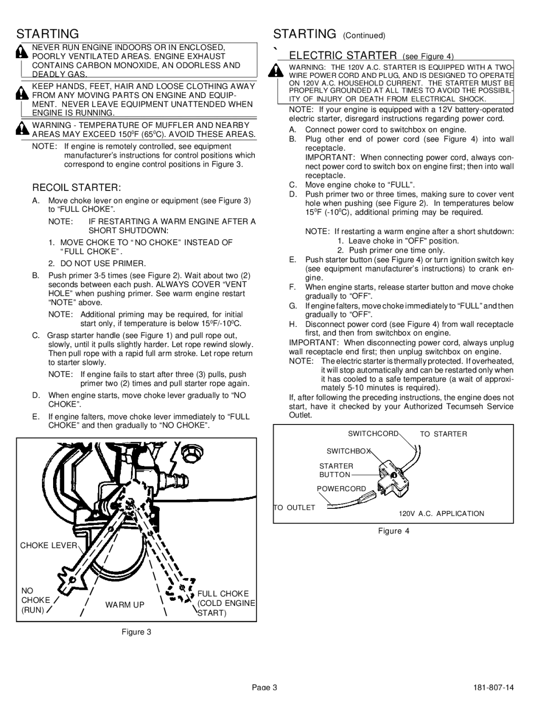 Tecumseh 600, 850, HSK845 important safety instructions Starting, Electric Starter see Figure, Recoil Starter 