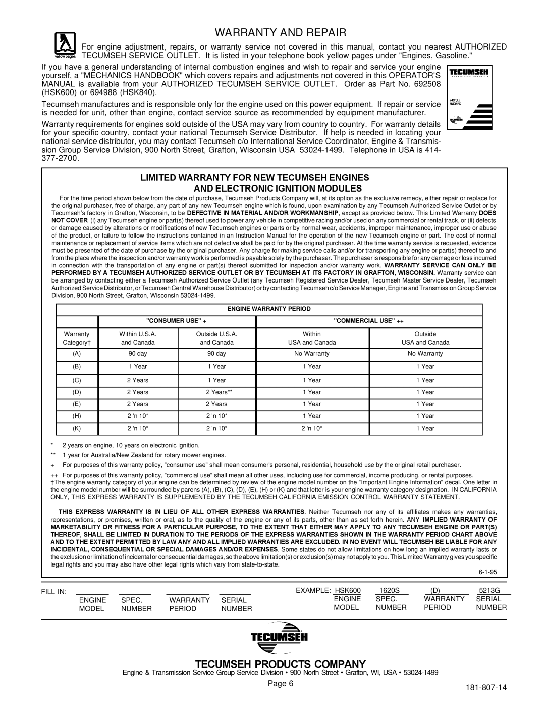 Tecumseh 600, 850, HSK845 important safety instructions Warranty and Repair, Tecumseh Products Company 