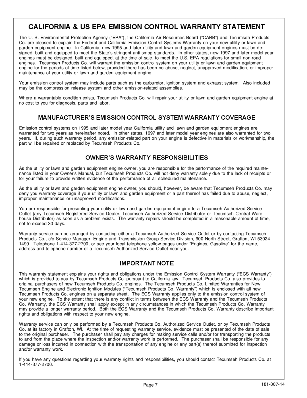 Tecumseh 850 California & US EPA Emission Control Warranty Statement, OWNER’S Warranty Responsibilities, Important Note 