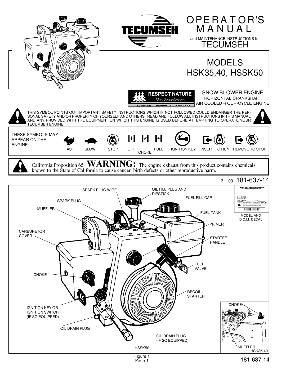 Tecumseh HSK35,40, HSSK50, HSK35, HSK40, HSSK50 important safety instructions 00181-637-14, Snow Blower Engine 