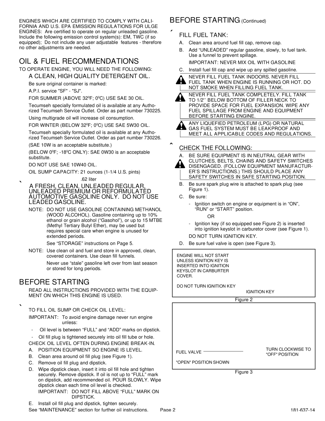 Tecumseh HSK35, HSK40, HSSK50, HSK35,40, HSSK50 important safety instructions OIL & Fuel Recommendations, Before Starting 