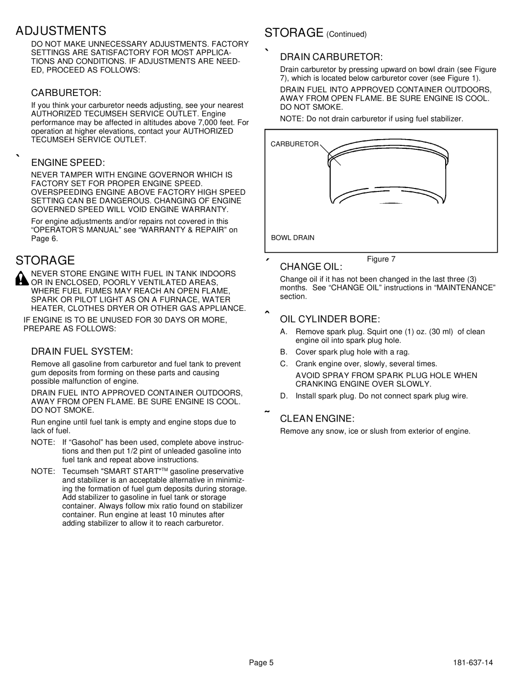 Tecumseh HSK35,40, HSSK50, HSK35, HSK40, HSSK50 important safety instructions Adjustments, Storage 