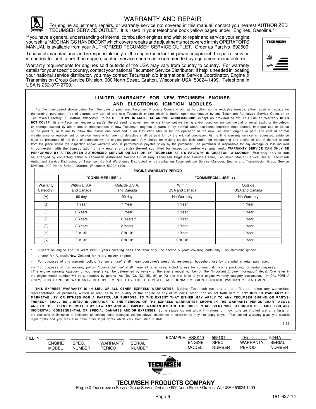 Tecumseh HSK35, HSK40, HSSK50, HSK35,40, HSSK50 important safety instructions Warranty and Repair, Tecumseh Products Company 