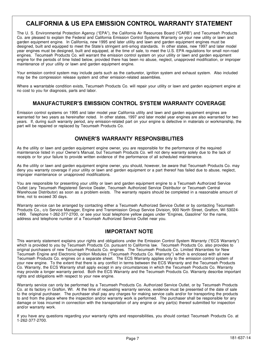 Tecumseh HSK35,40, HSSK50 California & US EPA Emission Control Warranty Statement, OWNER’S Warranty Responsibilities 