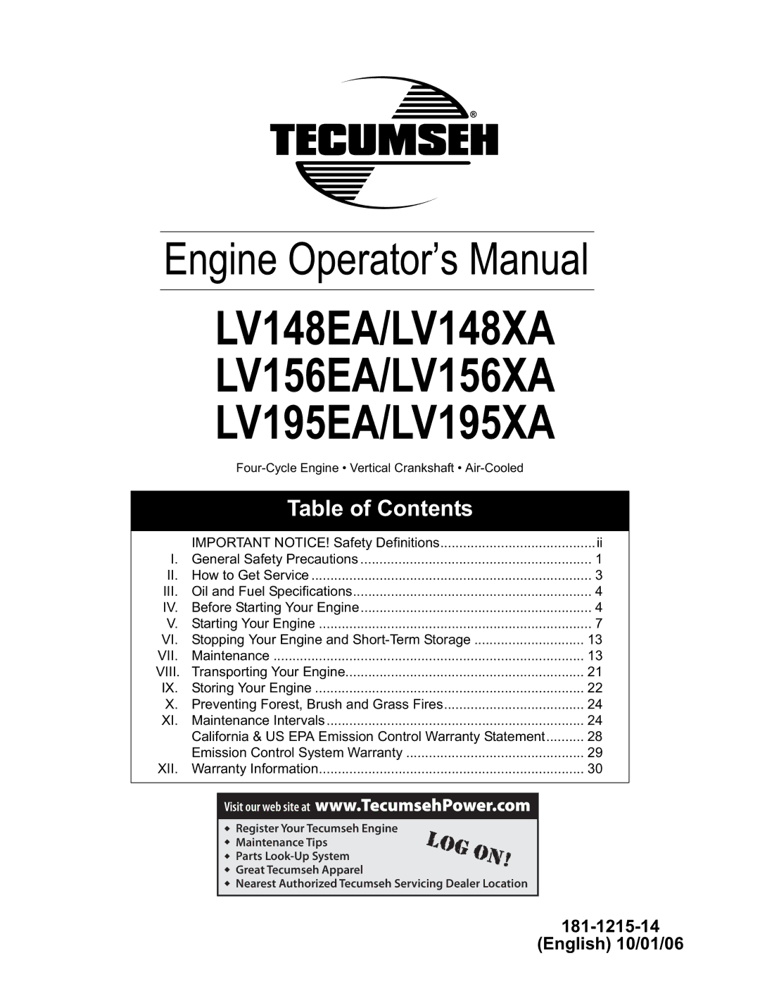 Tecumseh specifications LV148EA/LV148XA LV156EA/LV156XA LV195EA/LV195XA 