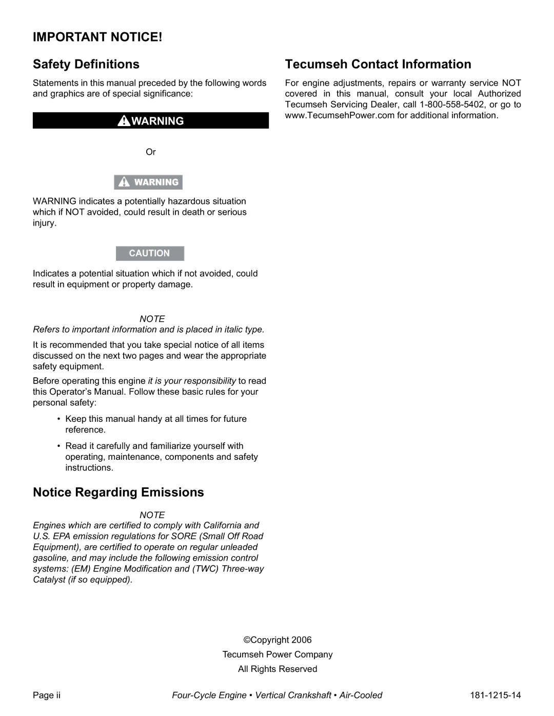 Tecumseh LV148XA, LV148EA specifications Safety Definitions, Tecumseh Contact Information 