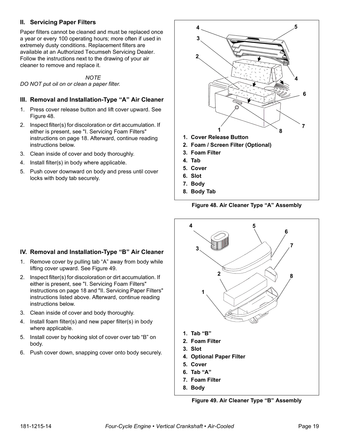 Tecumseh LV148EA, LV148XA specifications II. Servicing Paper Filters, III. Removal and Installation-Type a Air Cleaner 