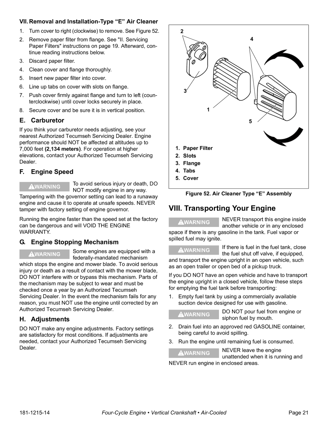 Tecumseh LV148EA, LV148XA VIII. Transporting Your Engine, Carburetor, Engine Speed, Engine Stopping Mechanism, Adjustments 