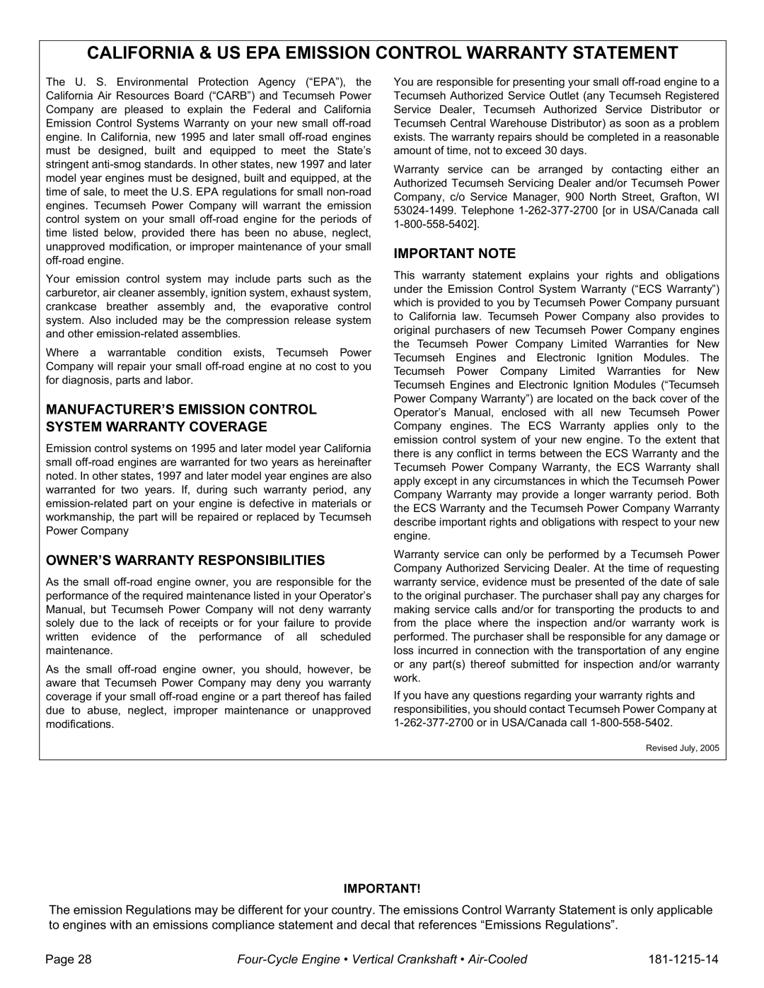 Tecumseh LV148XA, LV148EA specifications California & US EPA Emission Control Warranty Statement 