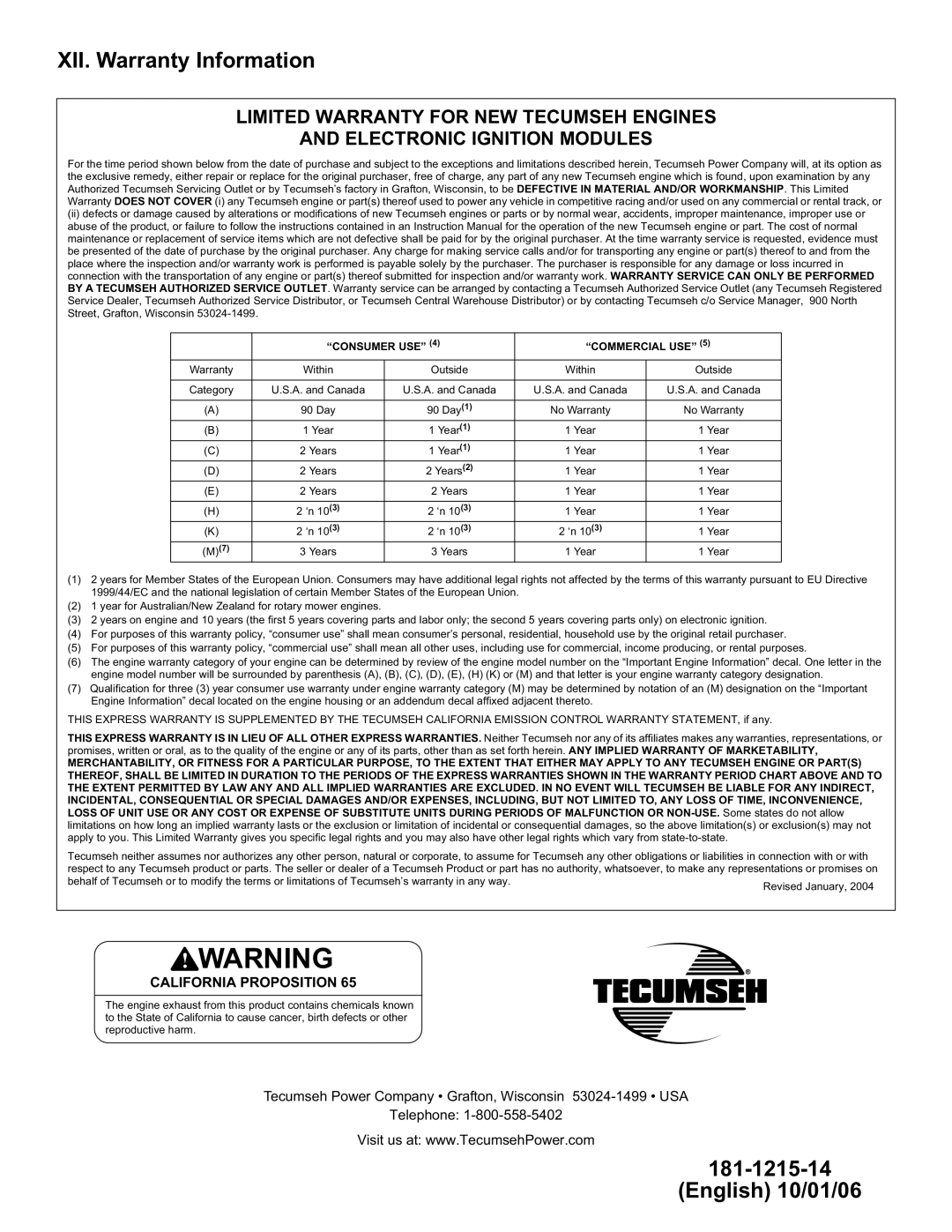 Tecumseh LV148XA, LV148EA specifications XII. Warranty Information, Consumer USE Commercial USE 