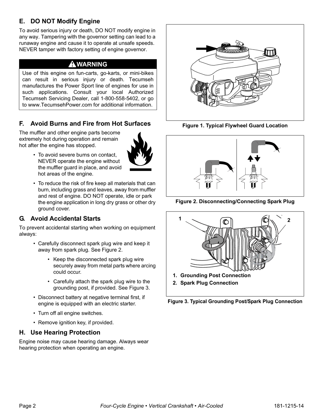 Tecumseh LV148XA, LV148EA Do not Modify Engine, Avoid Burns and Fire from Hot Surfaces, Avoid Accidental Starts 