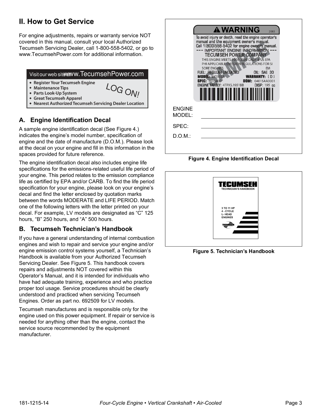 Tecumseh LV148EA, LV148XA specifications II. How to Get Service, Engine Identification Decal, Tecumseh Technician’s Handbook 