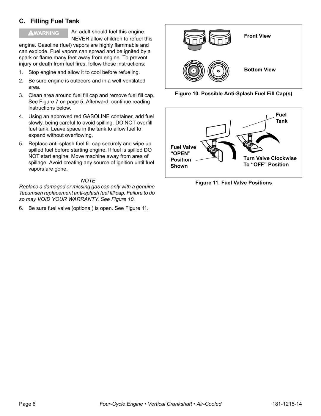 Tecumseh LV148XA, LV148EA specifications Filling Fuel Tank, Front View Bottom View, To OFF Position, Shown 