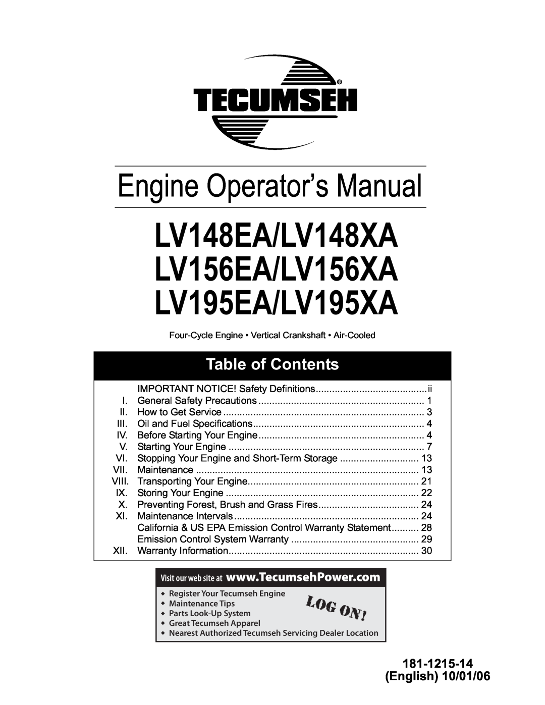 Tecumseh specifications English 10/01/06, LV148EA/LV148XA, LV156EA/LV156XA, LV195EA/LV195XA, Engine Operator’s Manual 
