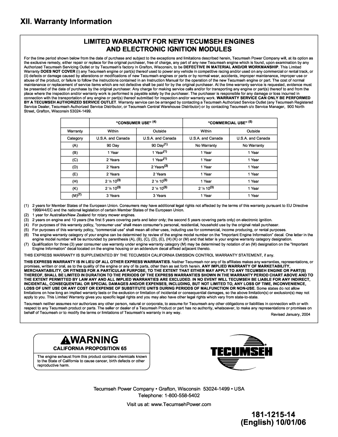 Tecumseh LV148XA XII. Warranty Information, Limited Warranty For New Tecumseh Engines, And Electronic Ignition Modules 