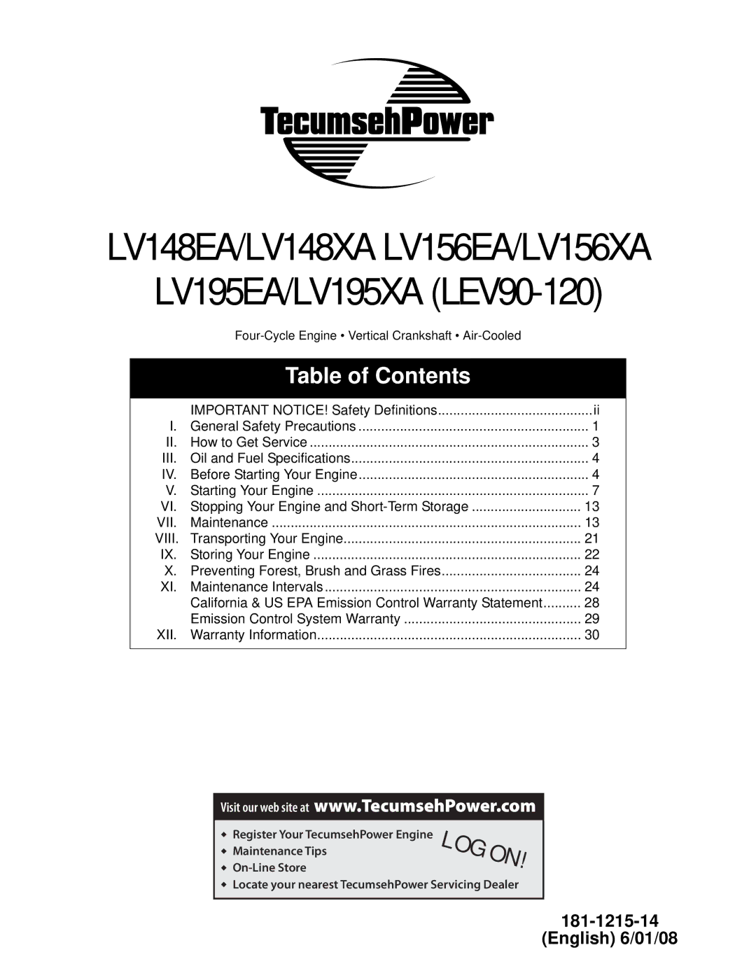 Tecumseh LV195EA, LV195XA specifications LV148EA/LV148XA LV156EA/LV156XA 