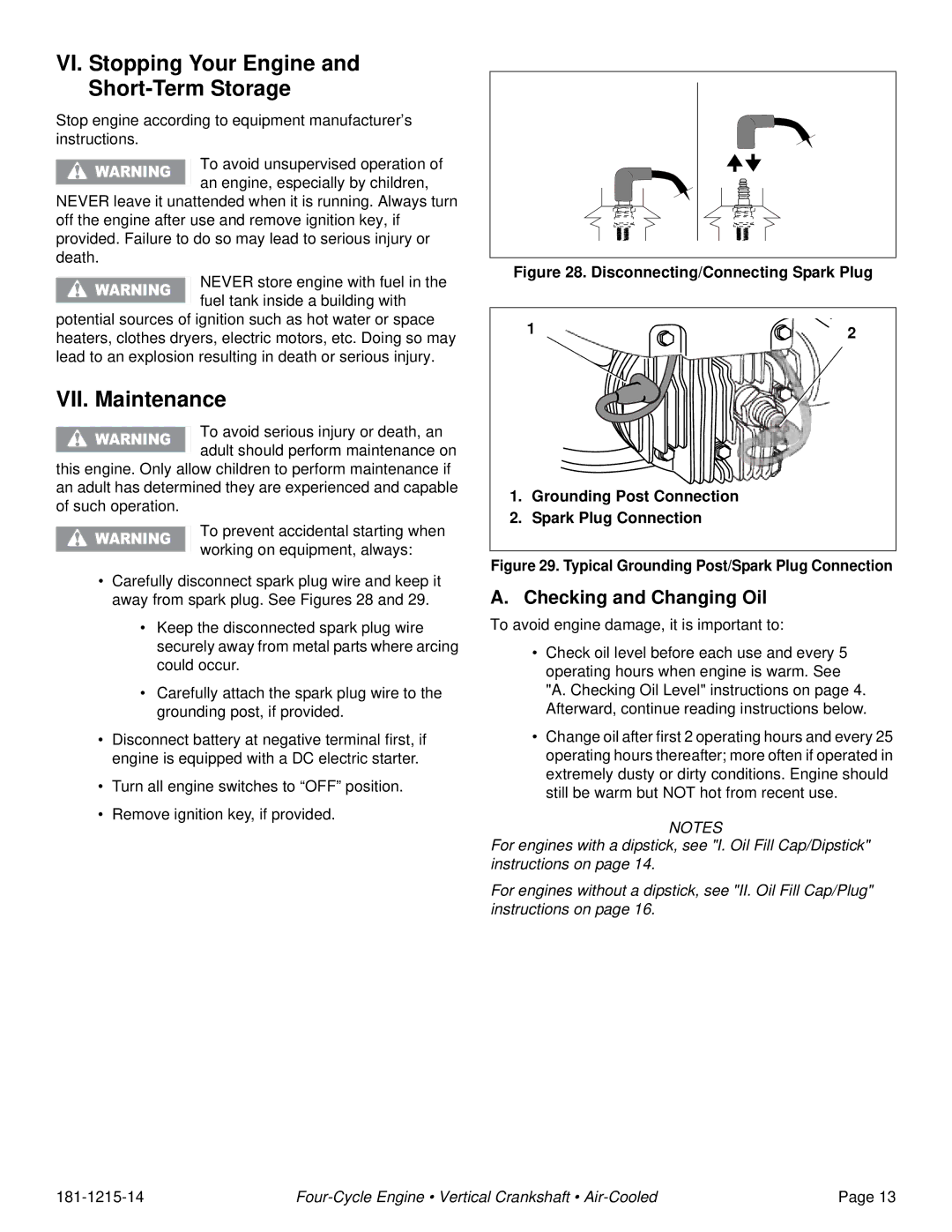 Tecumseh LV195XA, LV195EA VI. Stopping Your Engine and Short-Term Storage, VII. Maintenance, Checking and Changing Oil 