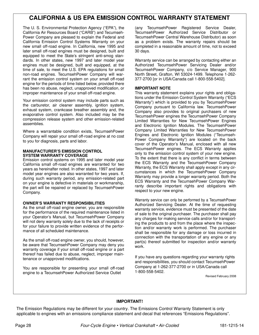 Tecumseh LV156EA, LV195EA, LV156XA, LV195XA specifications California & US EPA Emission Control Warranty Statement 