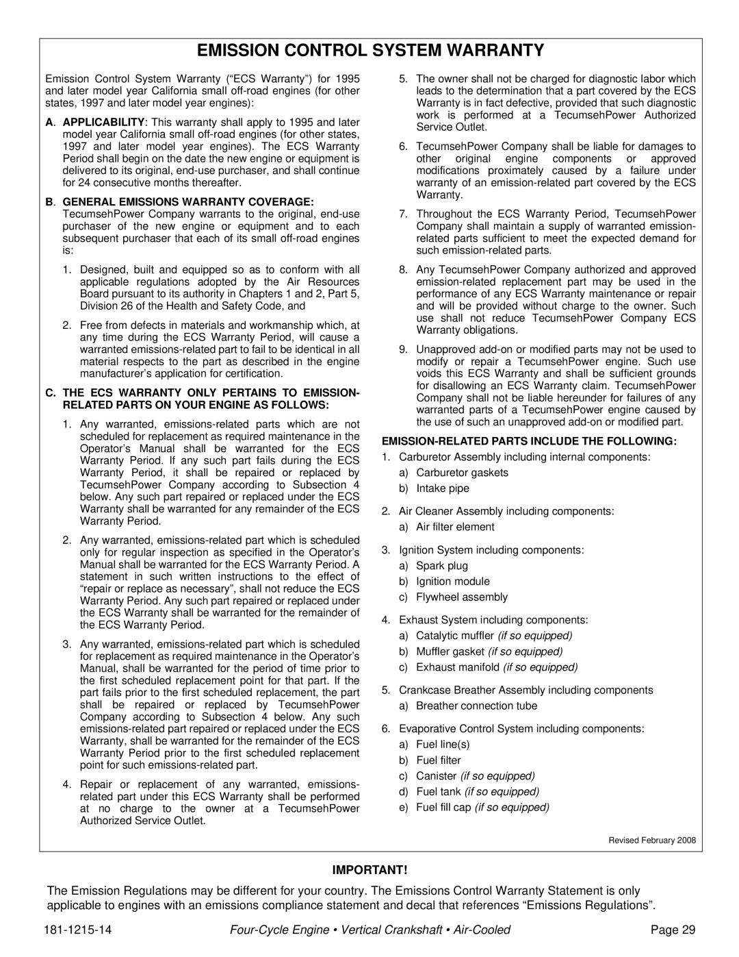 Tecumseh LV195XA, LV195EA, LV156XA, LV156EA specifications Emission Control System Warranty 