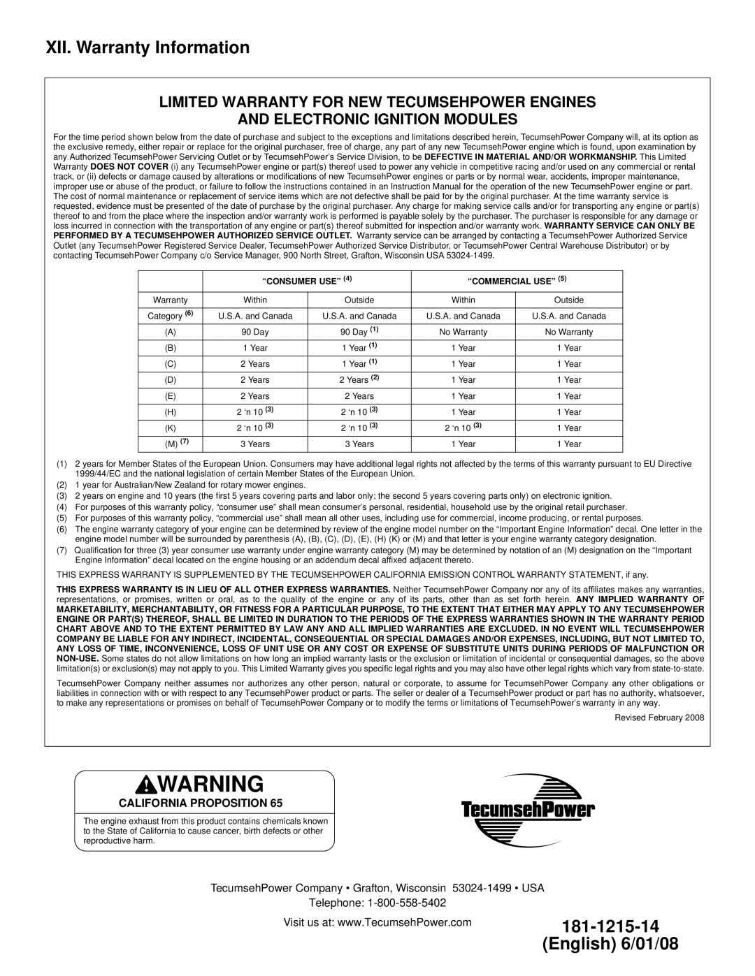 Tecumseh LV195EA, LV156XA, LV156EA, LV195XA specifications XII. Warranty Information, Consumer USE Commercial USE 