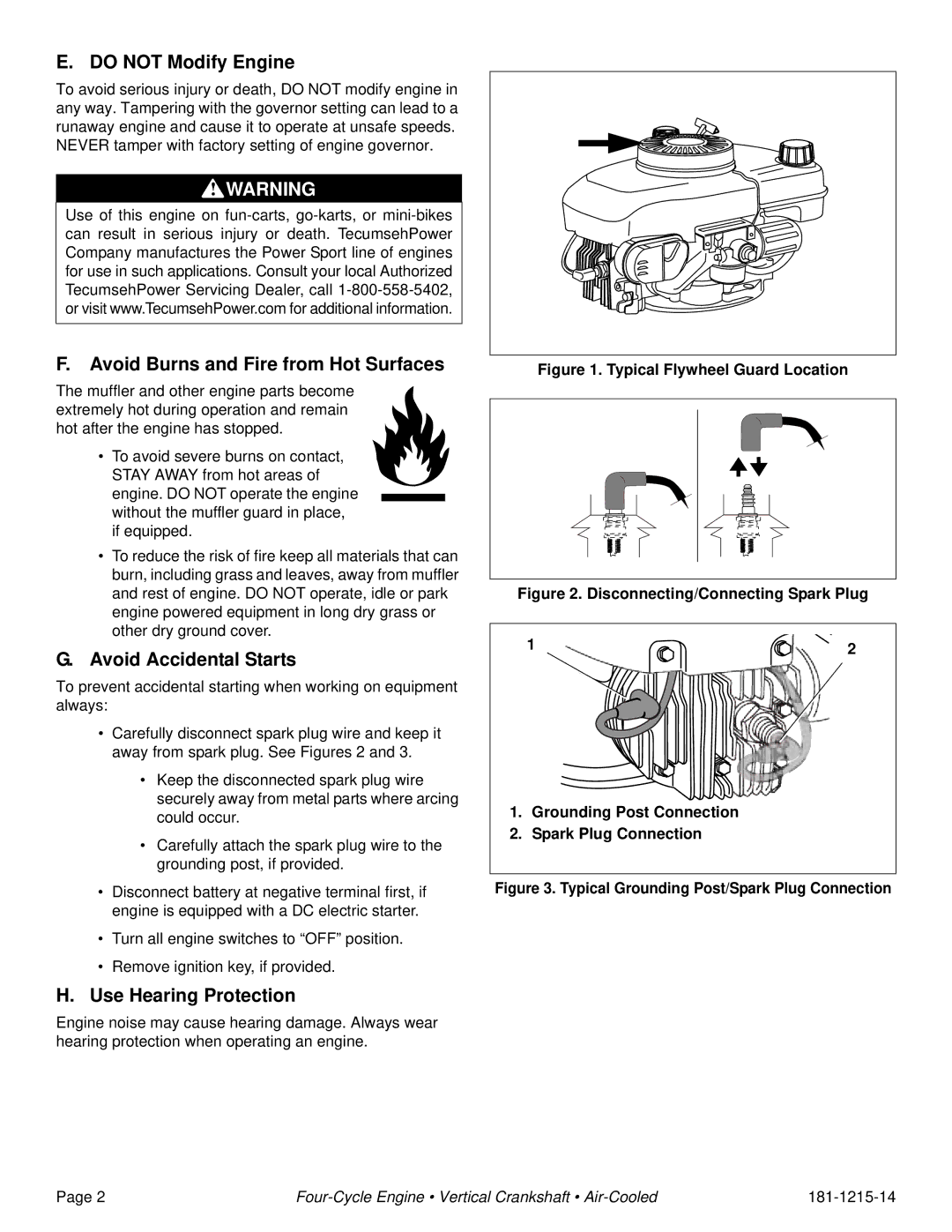 Tecumseh LV195EA, LV156XA, LV156EA Do not Modify Engine, Avoid Burns and Fire from Hot Surfaces, Avoid Accidental Starts 