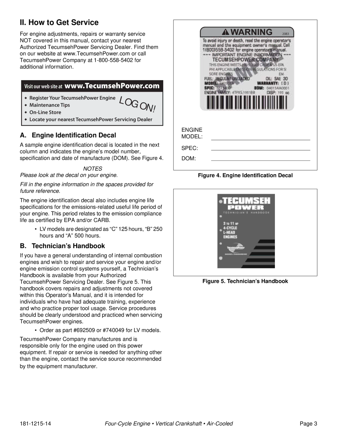 Tecumseh LV156XA, LV195EA, LV156EA, LV195XA II. How to Get Service, Engine Identification Decal, Technician’s Handbook 