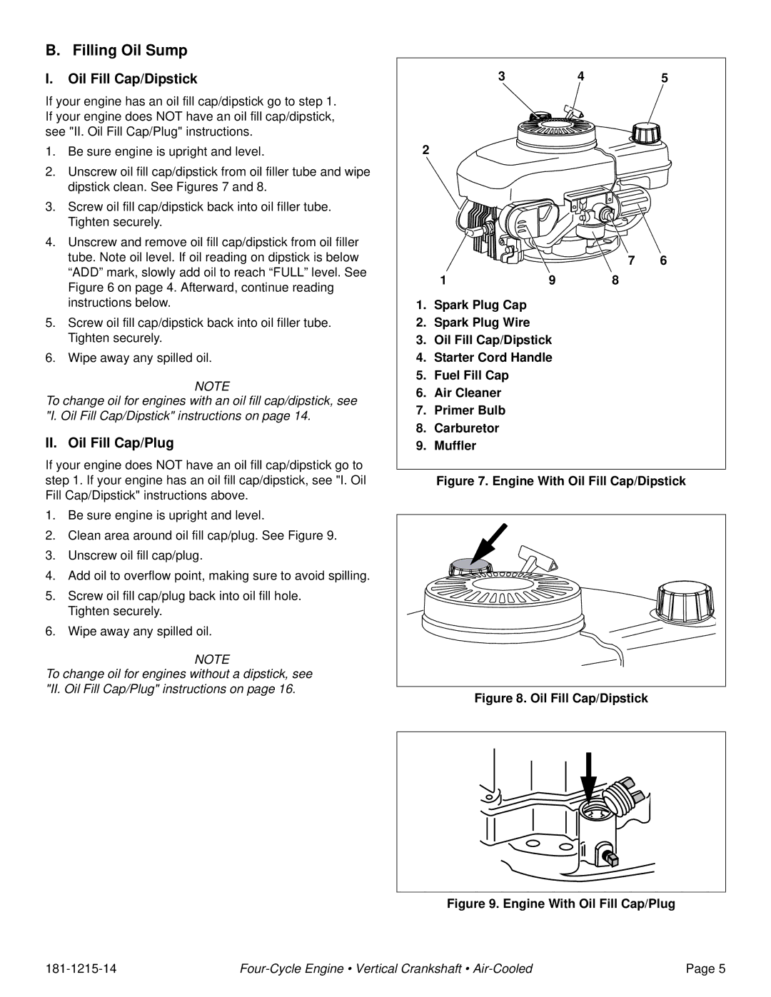 Tecumseh LV195XA, LV195EA, LV156XA, LV156EA specifications Filling Oil Sump, Oil Fill Cap/Dipstick, II. Oil Fill Cap/Plug 