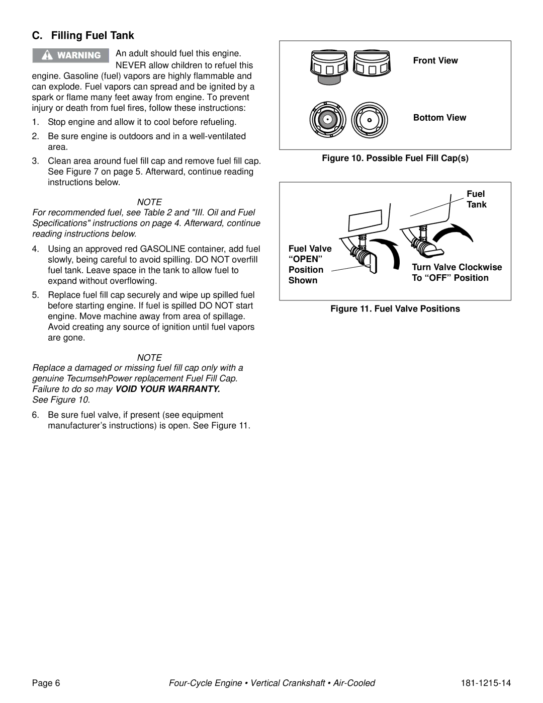 Tecumseh LV195EA, LV156XA, LV156EA, LV195XA specifications Filling Fuel Tank 