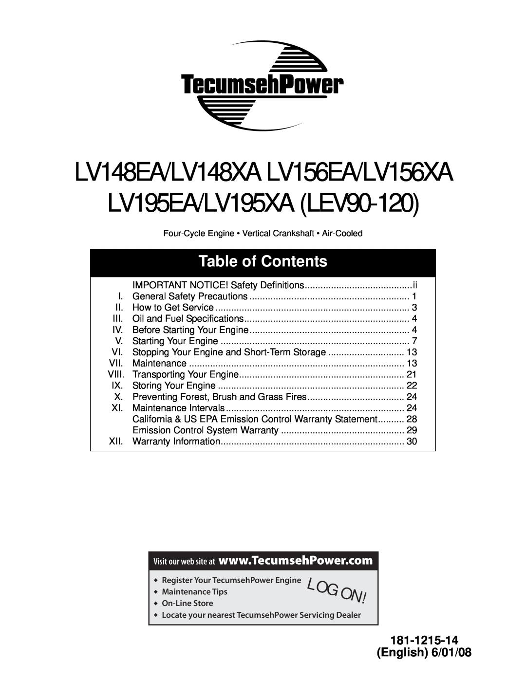 Tecumseh specifications English 6/01/08, LV148EA/LV148XA LV156EA/LV156XA, LV195EA/LV195XA LEV90-120, Table of Contents 