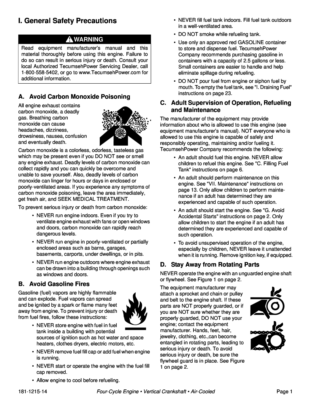 Tecumseh LV195XA, LV195EA I. General Safety Precautions, A. Avoid Carbon Monoxide Poisoning, B.Avoid Gasoline Fires 