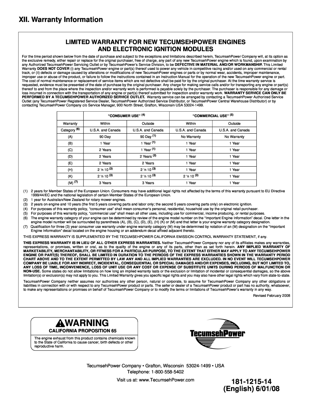 Tecumseh LV195EA XII. Warranty Information, Limited Warranty For New Tecumsehpower Engines, English 6/01/08, Telephone 