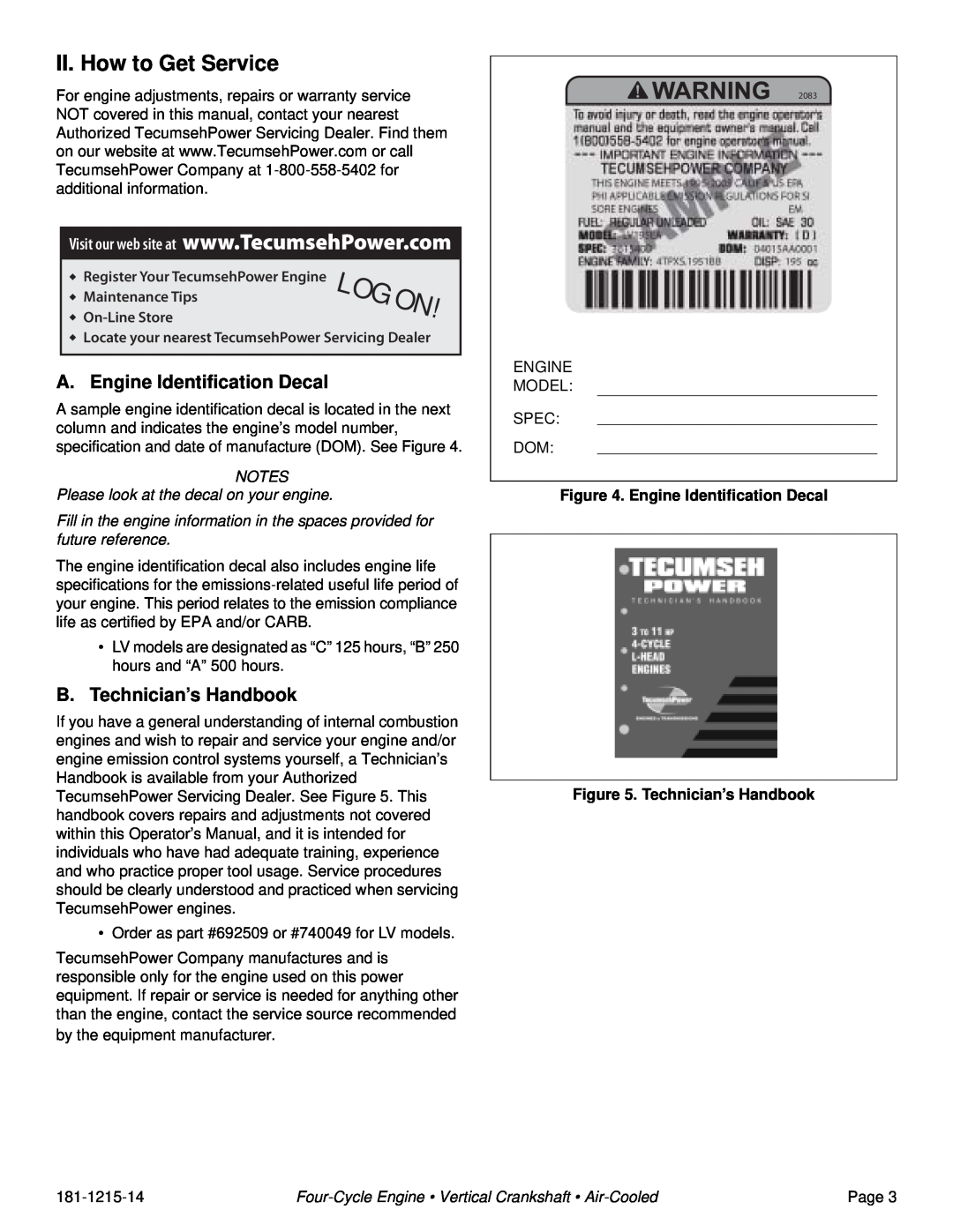 Tecumseh LV156XA II. How to Get Service, A. Engine Identification Decal, B.Technician’s Handbook, Tecumsehpower Company 