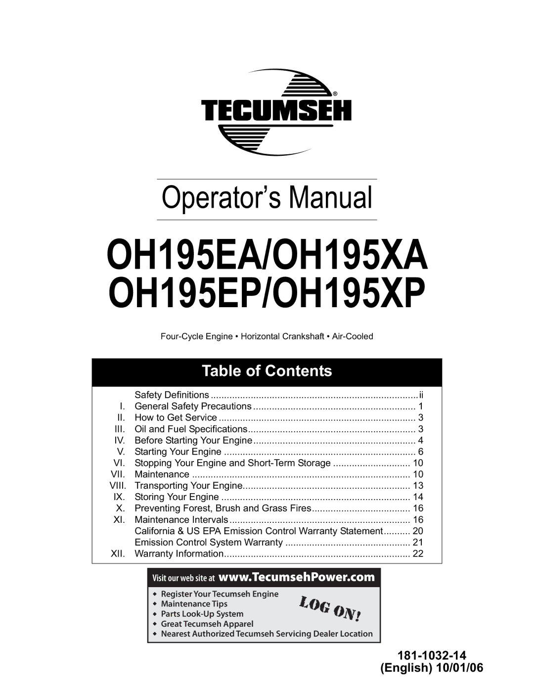 Tecumseh specifications OH195EA/OH195XA OH195EP/OH195XP 