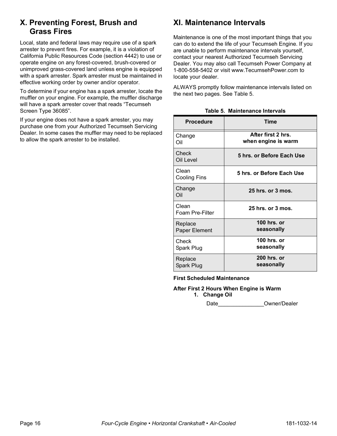 Tecumseh OH195XA, OH195EA, OH195XP, OH195EP specifications Preventing Forest, Brush and Grass Fires, XI. Maintenance Intervals 