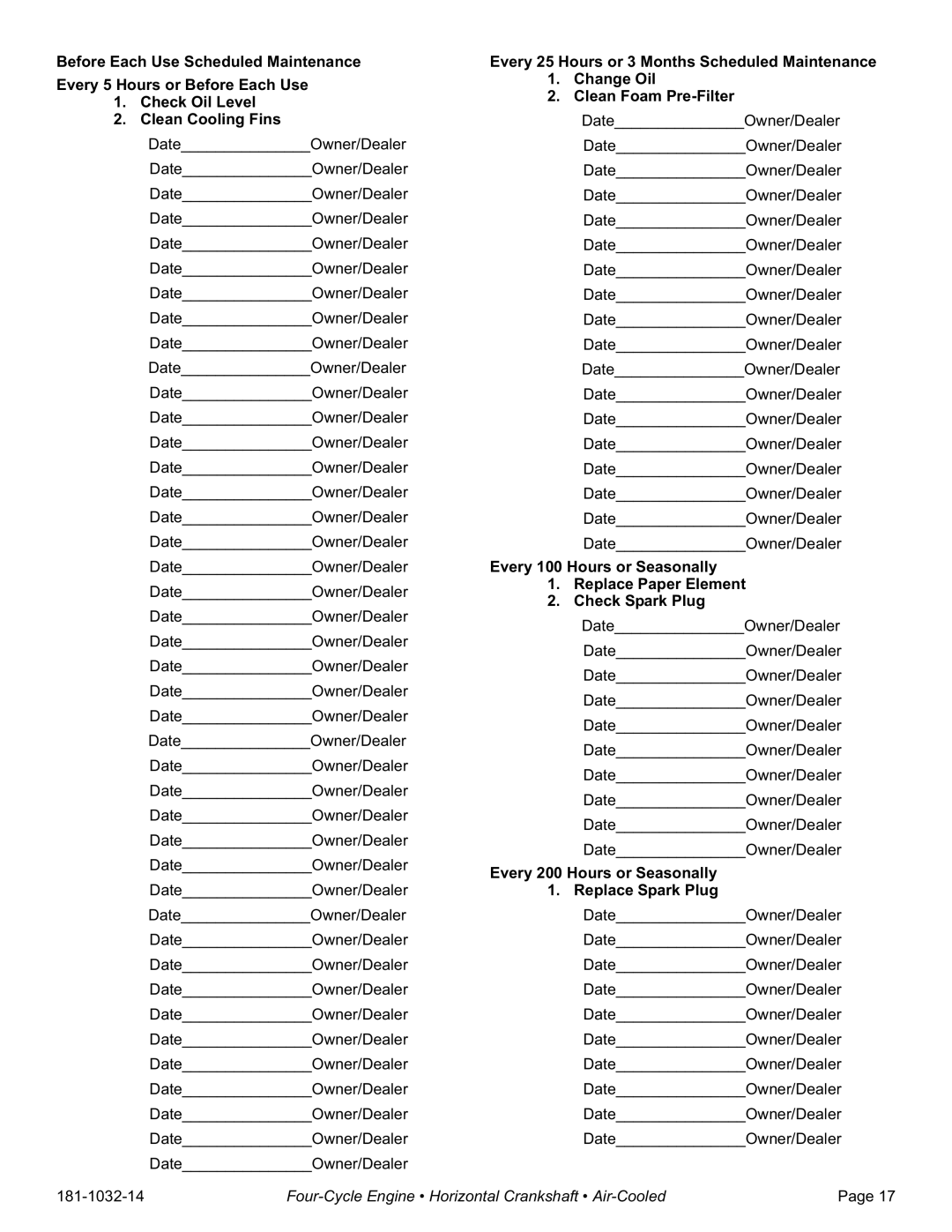 Tecumseh OH195EP, OH195EA, OH195XP, OH195XA specifications Every 200 Hours or Seasonally 1. Replace Spark Plug 