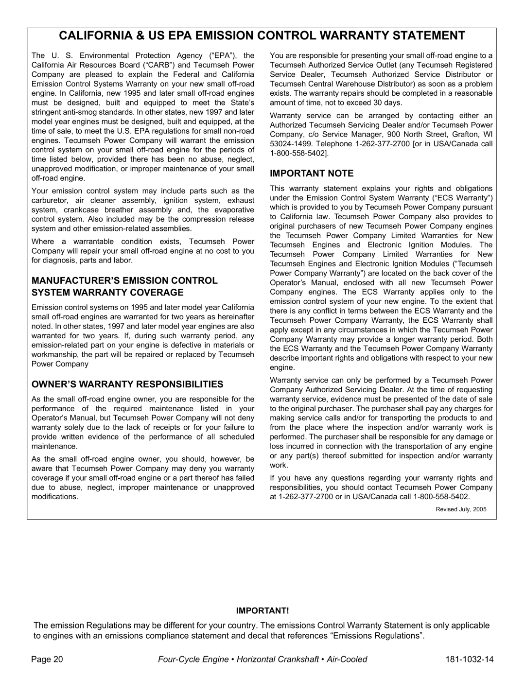 Tecumseh OH195XA, OH195EA, OH195XP, OH195EP specifications California & US EPA Emission Control Warranty Statement 