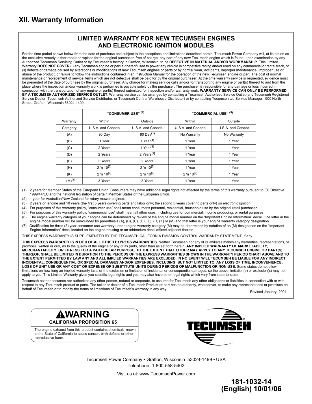 Tecumseh OH195EA, OH195XP, OH195XA, OH195EP specifications XII. Warranty Information, Consumer USE Commercial USE 