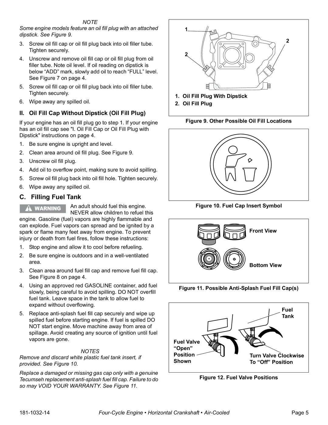 Tecumseh OH195EP, OH195EA, OH195XP, OH195XA specifications Filling Fuel Tank, II. Oil Fill Cap Without Dipstick Oil Fill Plug 