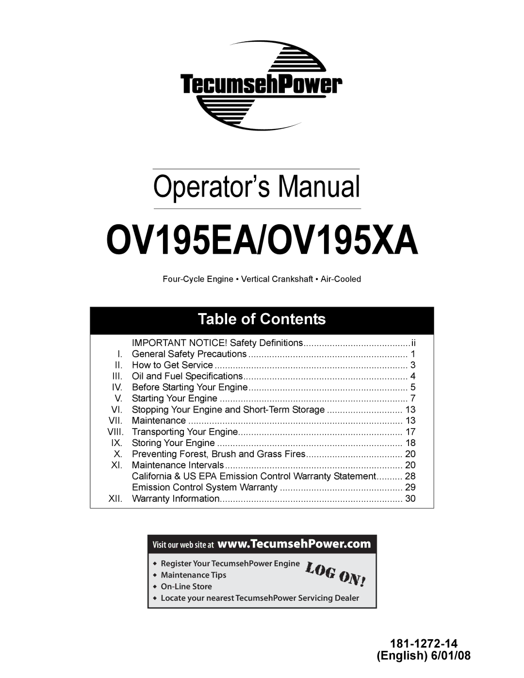 Tecumseh specifications OV195EA/OV195XA 